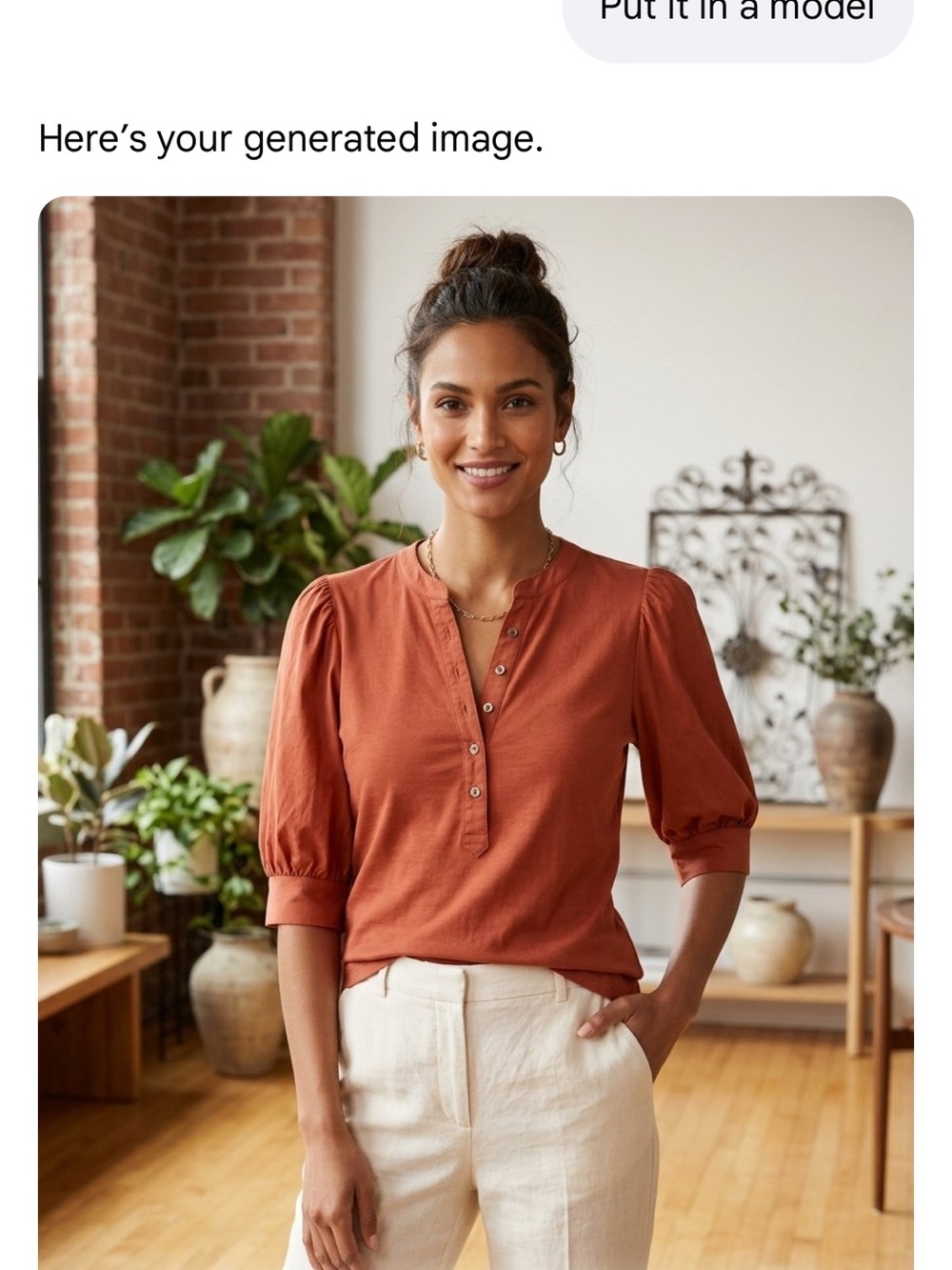Veronica Beard Rust Button-Front Puff-Sleeve Top Size M